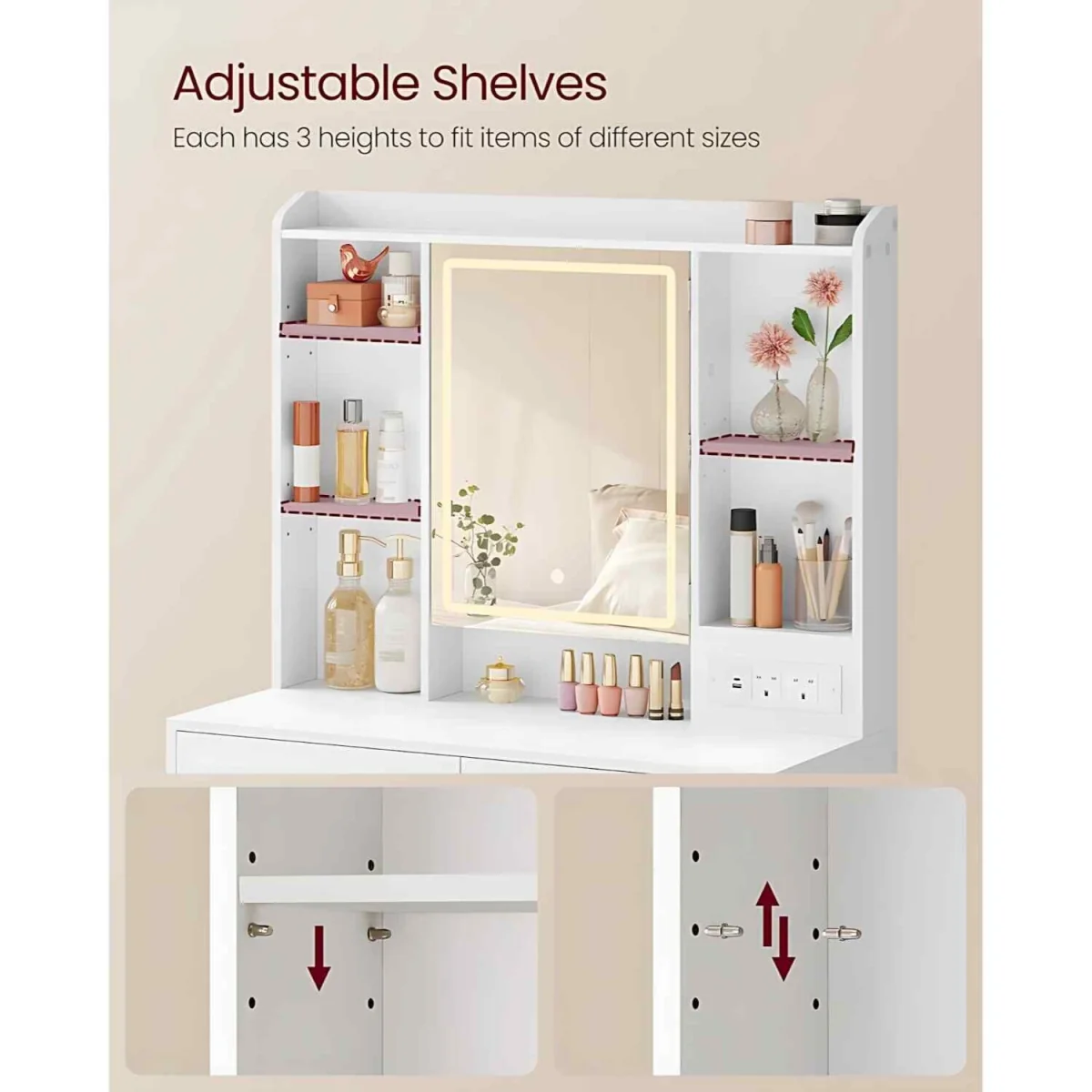Makeup Dressing Table LED Mirror 2 Drawers, White - Cloud White – image 7