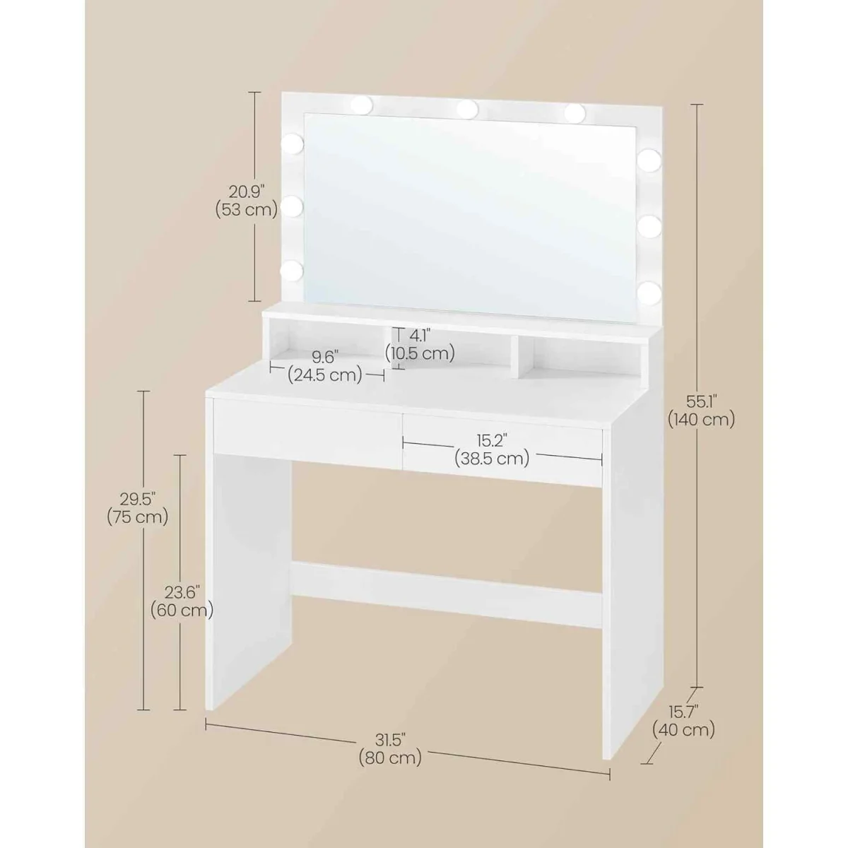 Makeup Vanity Table LED Mirror Drawers, White - Cloud White – image 3