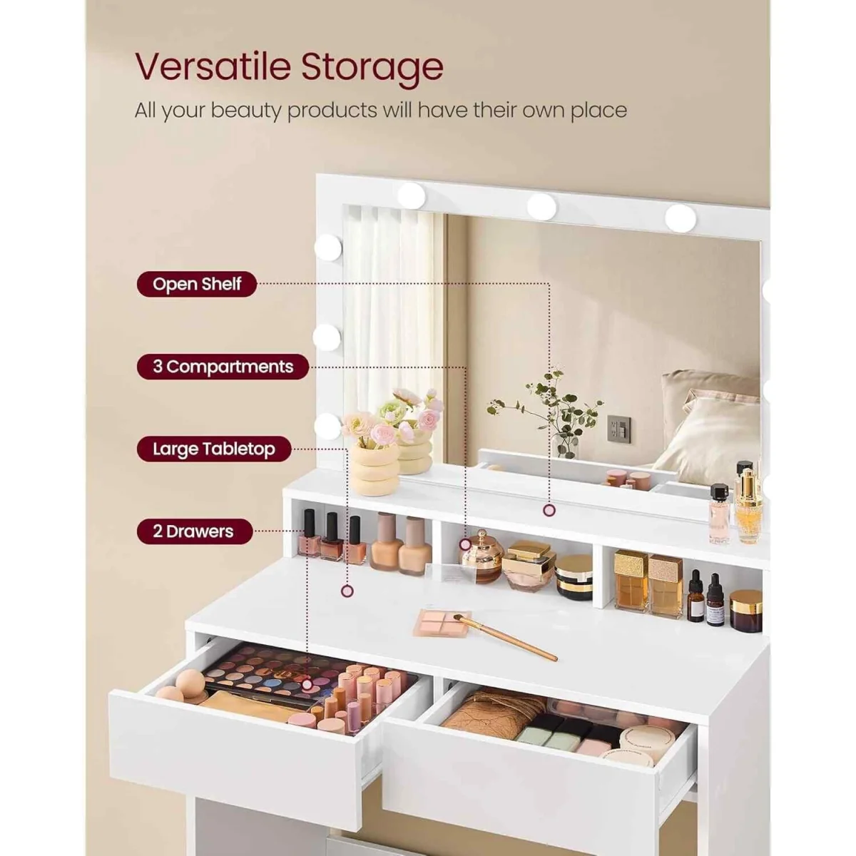 Makeup Vanity Table LED Mirror Drawers, White - Cloud White – image 5