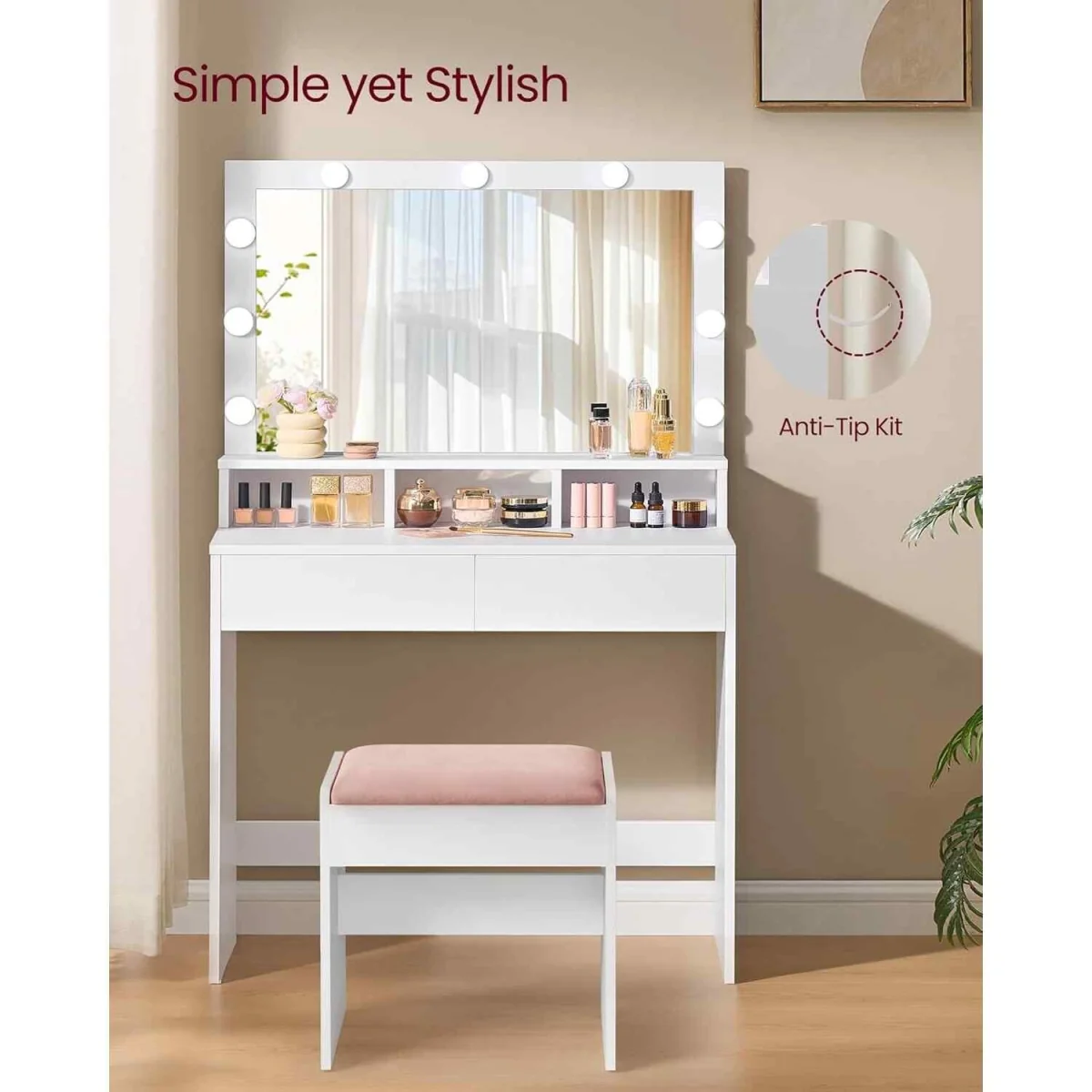 Makeup Vanity Table LED Mirror Drawers, White - Cloud White – image 8