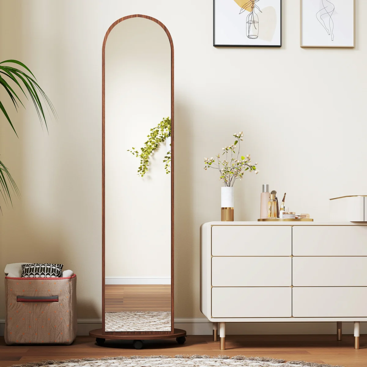 HOMCOM 2-in-1 Full Length Mirror with Shelves 4 Wheels - Brown Wood Effect – image 2