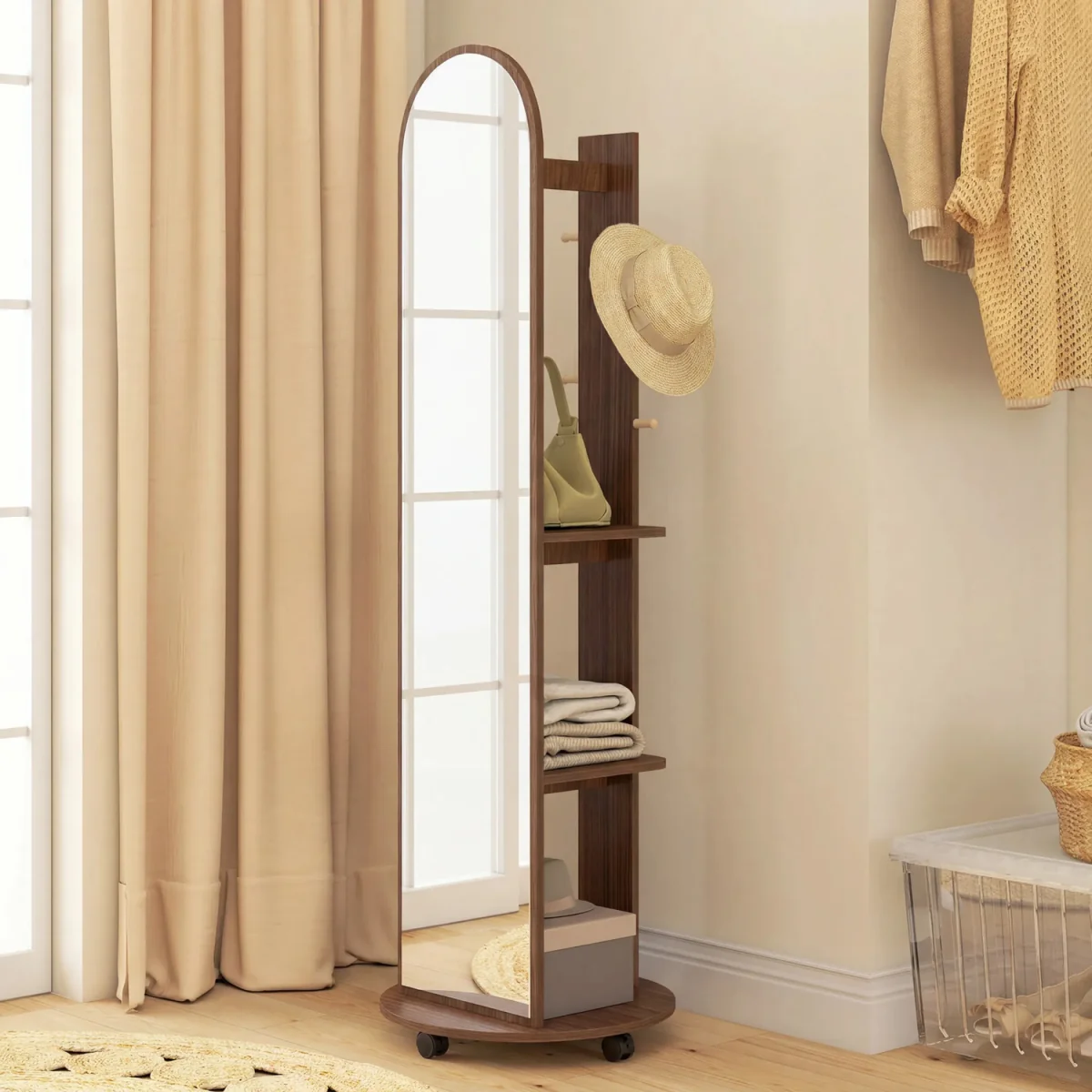 HOMCOM 2-in-1 Full Length Mirror with Shelves 4 Wheels - Brown Wood Effect – image 3