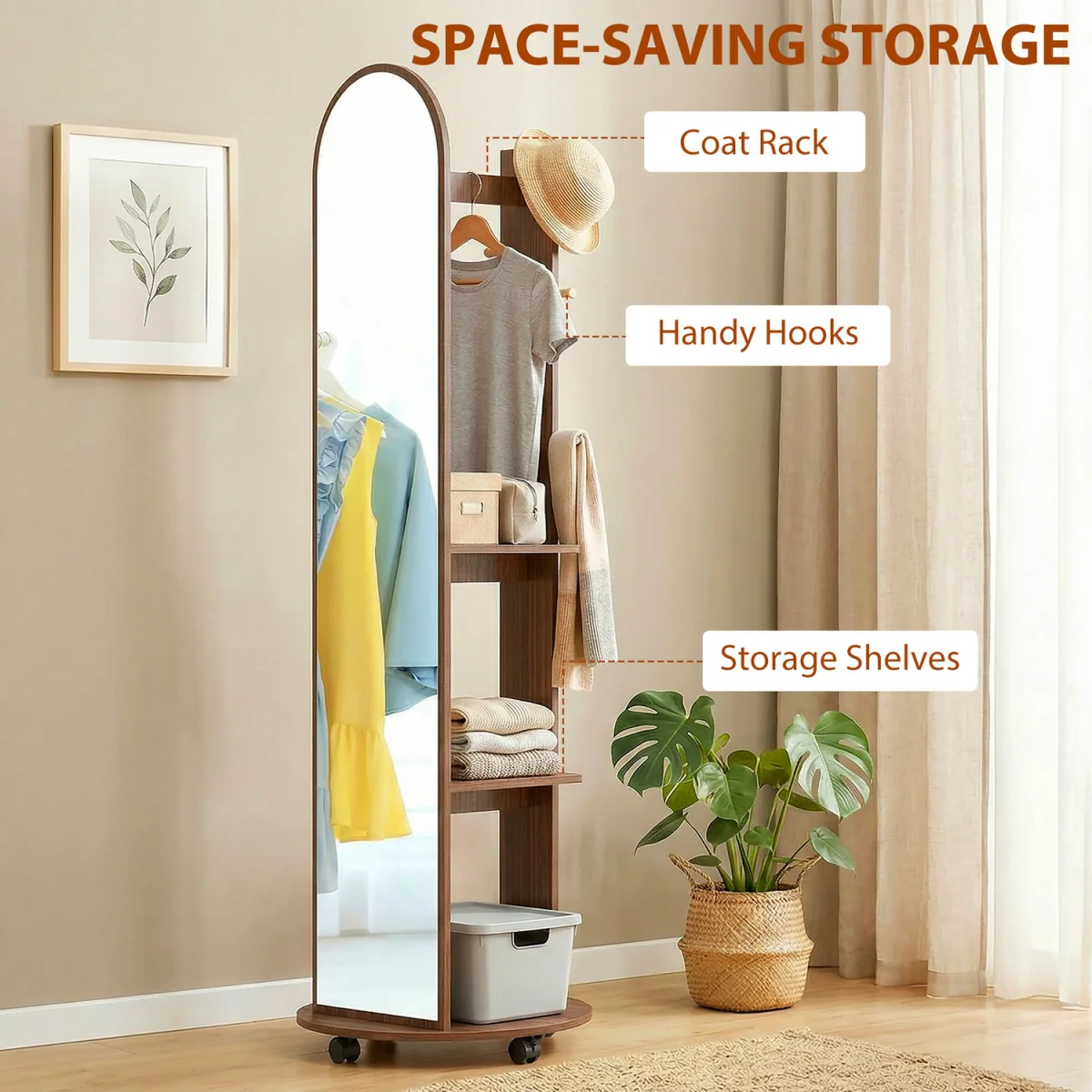HOMCOM 2-in-1 Full Length Mirror with Shelves 4 Wheels - Brown Wood Effect – image 6