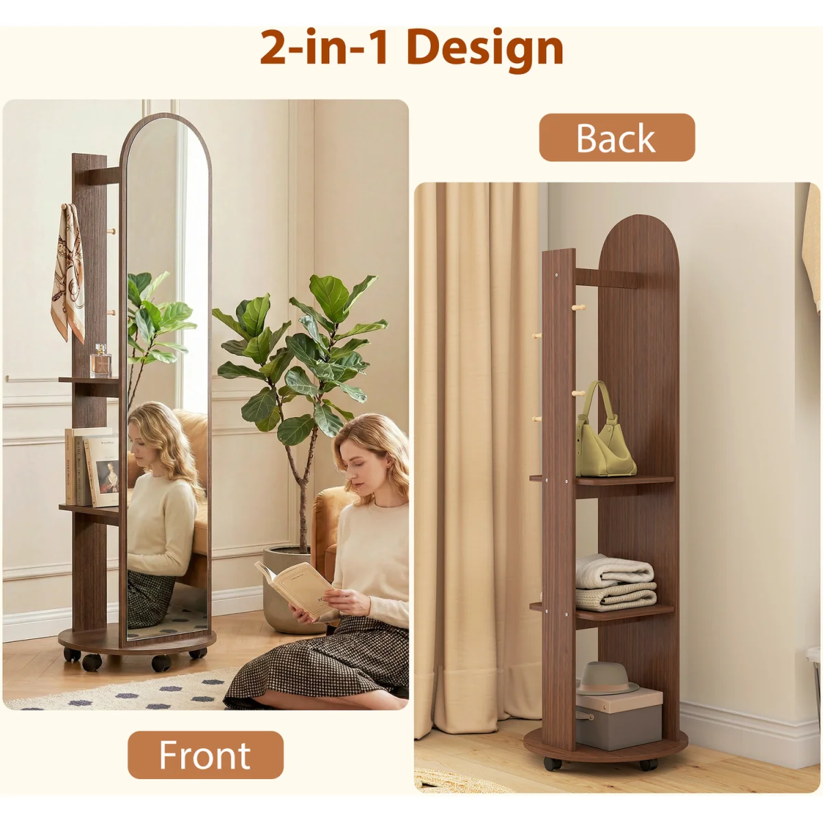 HOMCOM 2-in-1 Full Length Mirror with Shelves 4 Wheels - Brown Wood Effect – image 7