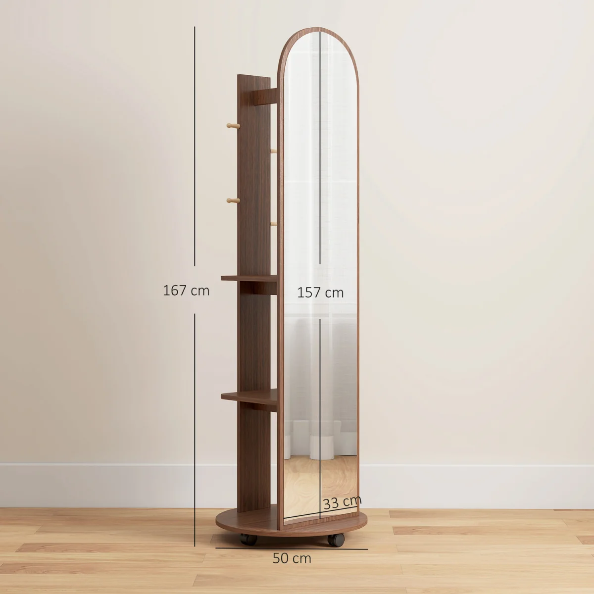 HOMCOM 2-in-1 Full Length Mirror with Shelves 4 Wheels - Brown Wood Effect – image 8