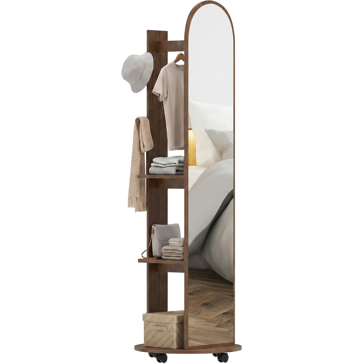 HOMCOM 2-in-1 Full Length Mirror with Shelves 4 Wheels - Brown Wood Effect – image 9