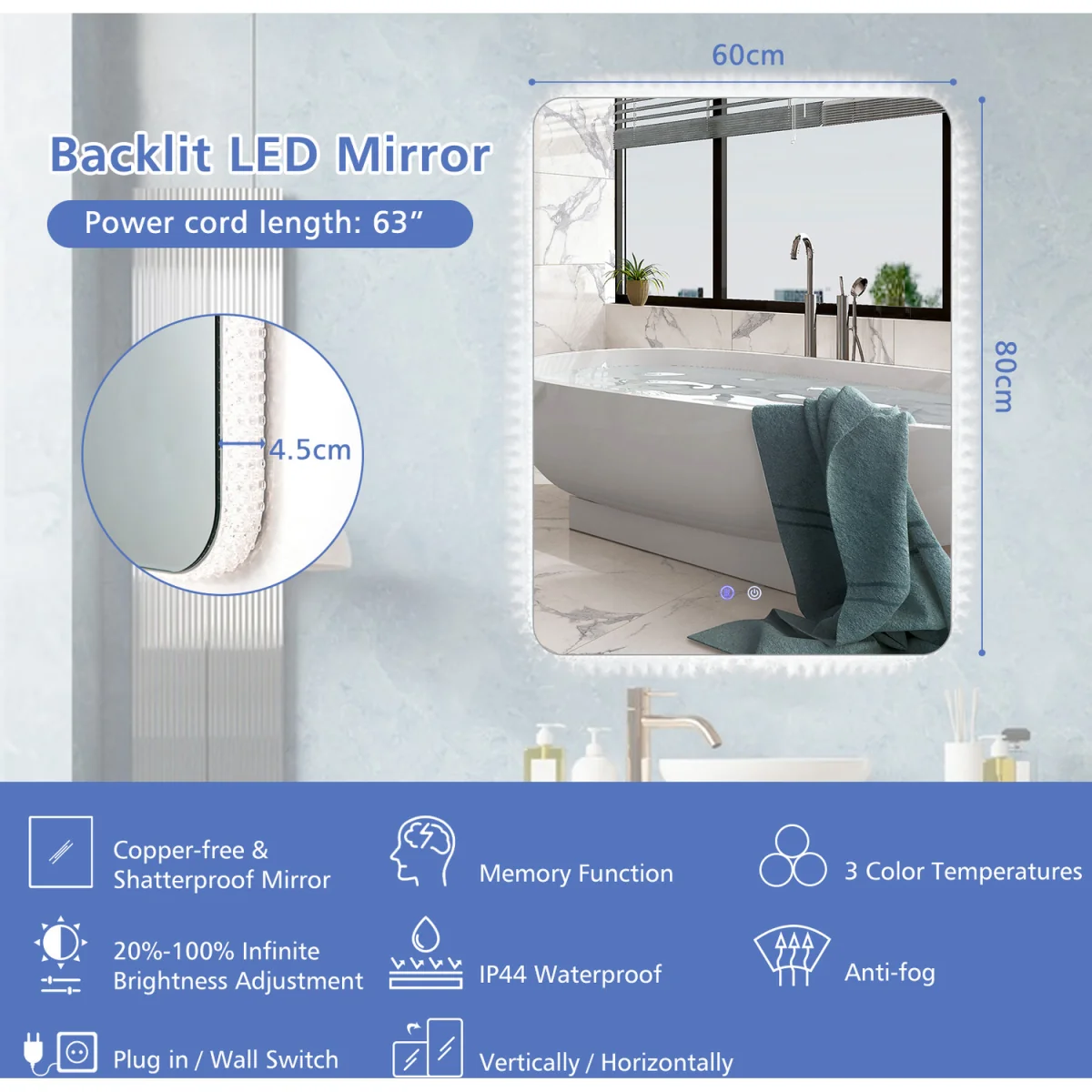 Costway 80CM x 60CM Shatterproof Wall Mounted Mirror-Silver - Silver – image 2