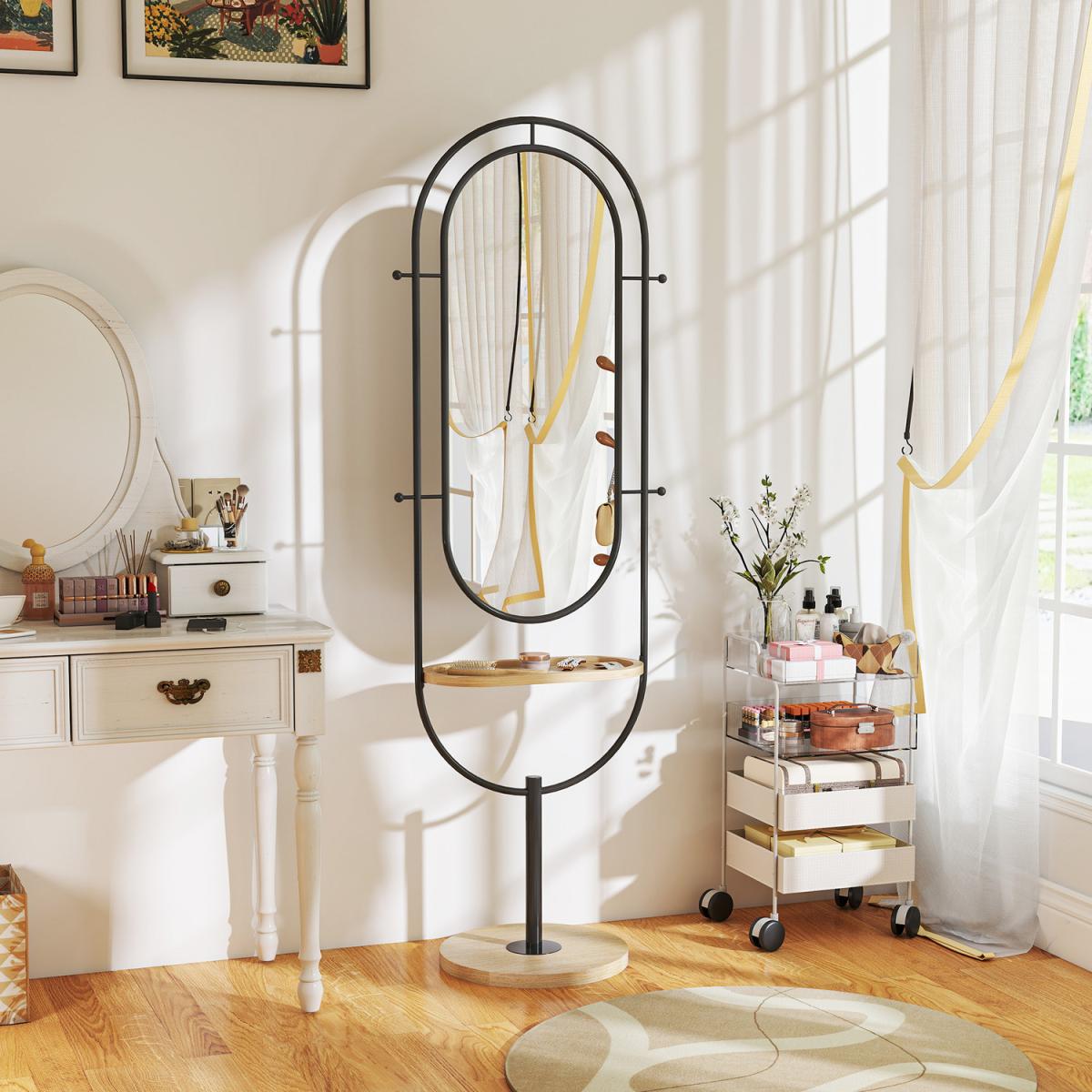 HOMCOM Full Length Mirror Free Standing Mirror with Tray and Hooks - Black