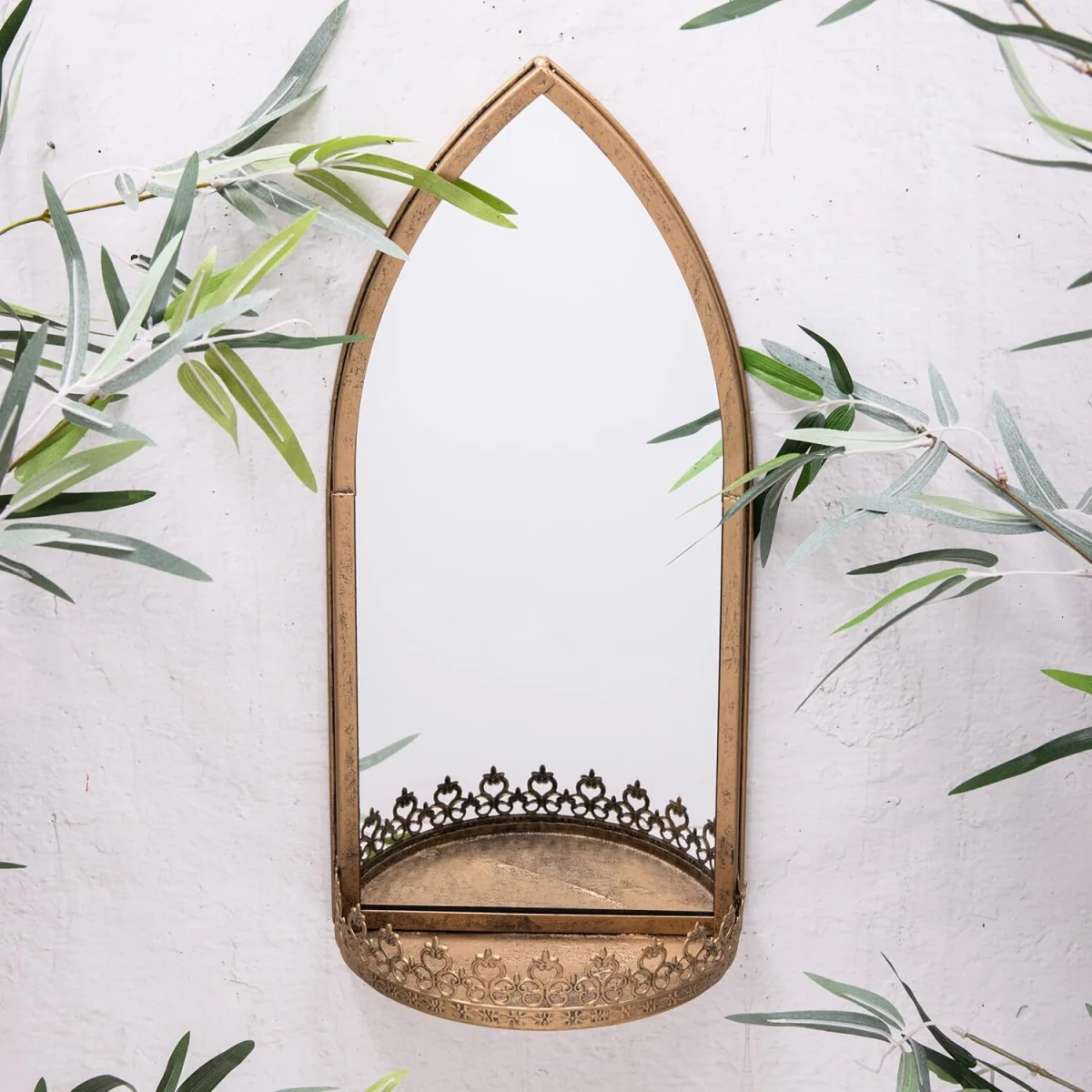 Gold Metal Garden Wall Mirror With Shelf (16257) - Small - Gold / 400mm / 1.65kg – image 2