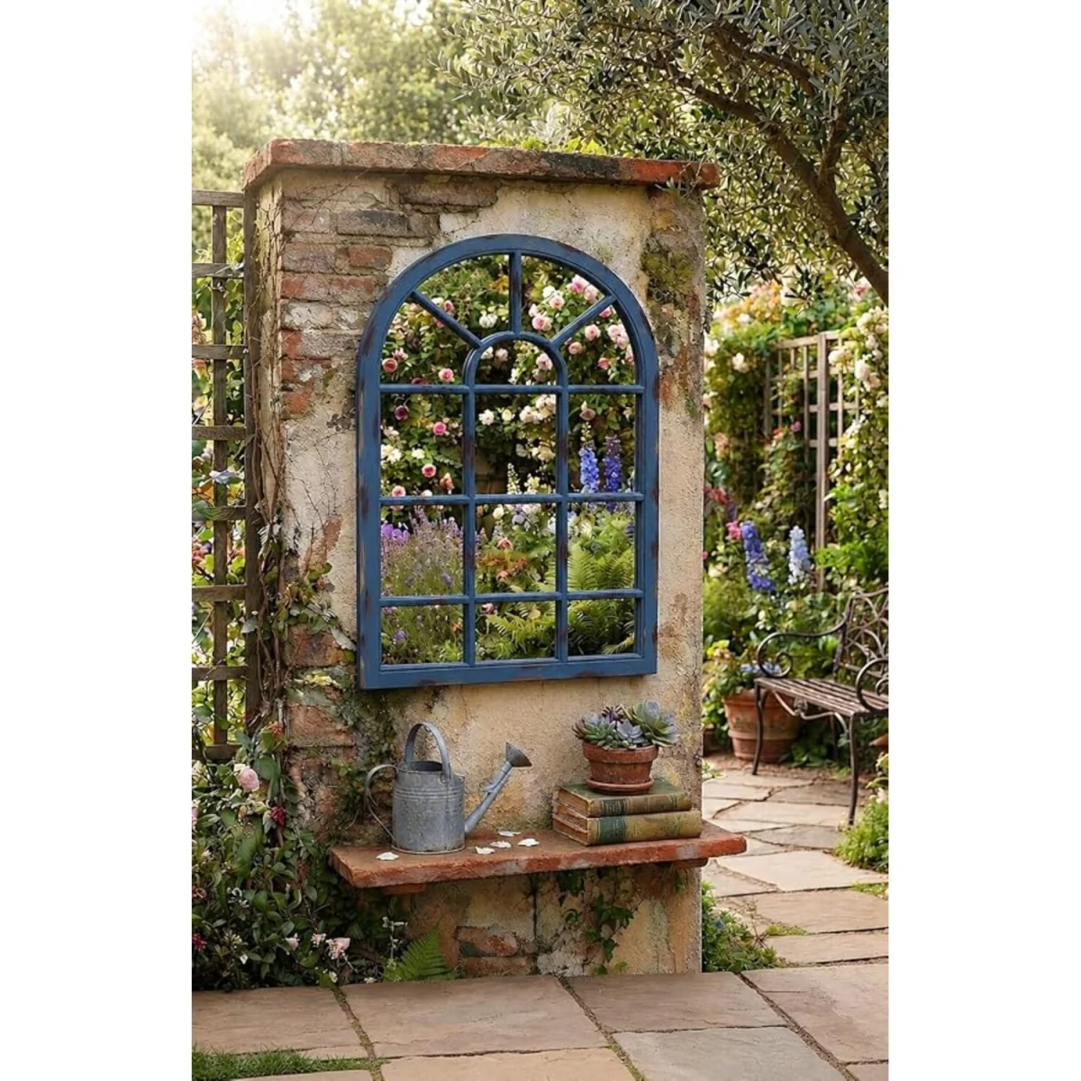 Arc Window Mirror Blue Rustic Frame 69x34Cm - Blue – image 1