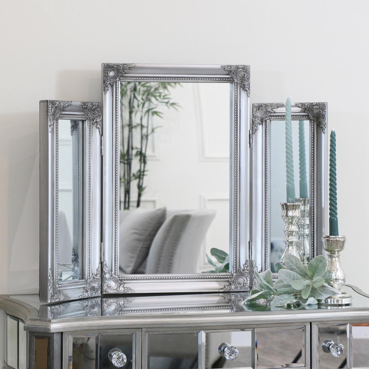 Ornate Vintage Silver Triple Dressing Table Mirror 55cm x 74cm - Silver