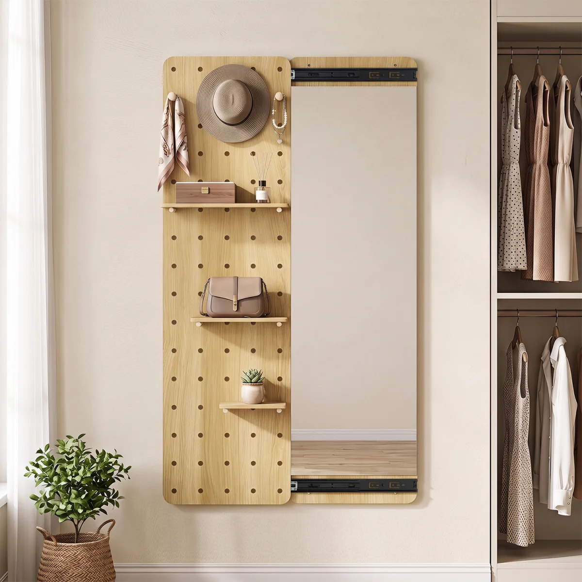 Space saving Wall Mounted Mirror Sliding Pegboard With Hooks and Shelves - Brown – image 2