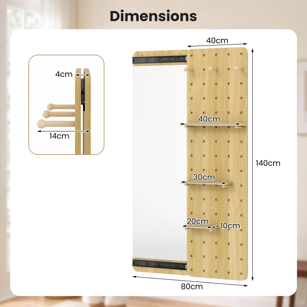 Space saving Wall Mounted Mirror Sliding Pegboard With Hooks and Shelves - Brown – image 3