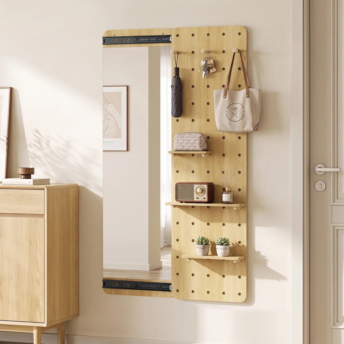Space saving Wall Mounted Mirror Sliding Pegboard With Hooks and Shelves - Brown – image 4