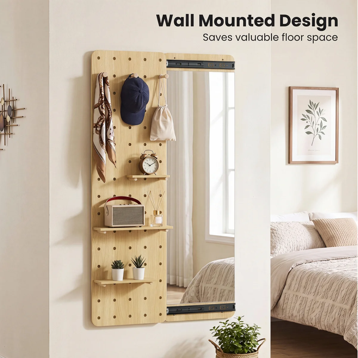 Space saving Wall Mounted Mirror Sliding Pegboard With Hooks and Shelves - Brown – image 5