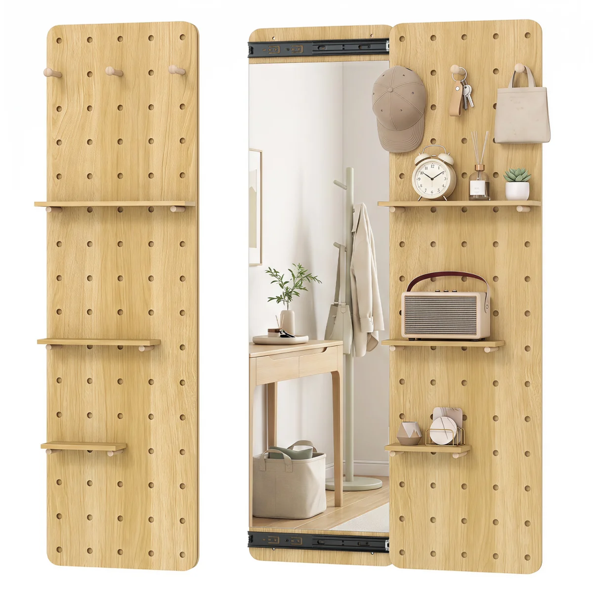Space saving Wall Mounted Mirror Sliding Pegboard With Hooks and Shelves - Brown – image 6