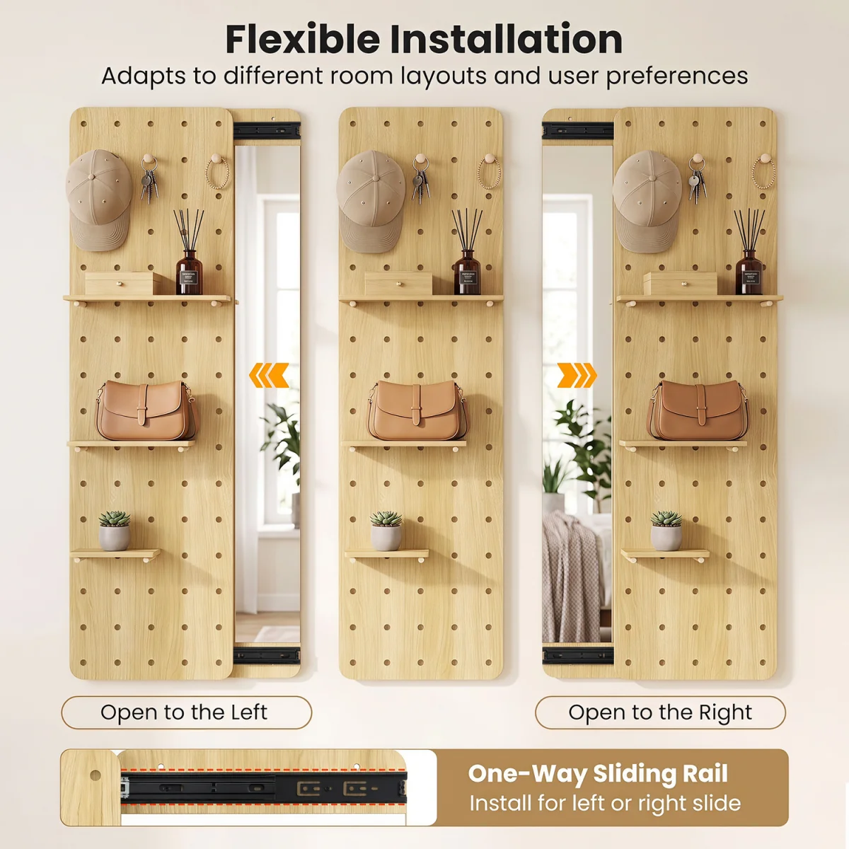 Space saving Wall Mounted Mirror Sliding Pegboard With Hooks and Shelves - Brown – image 8