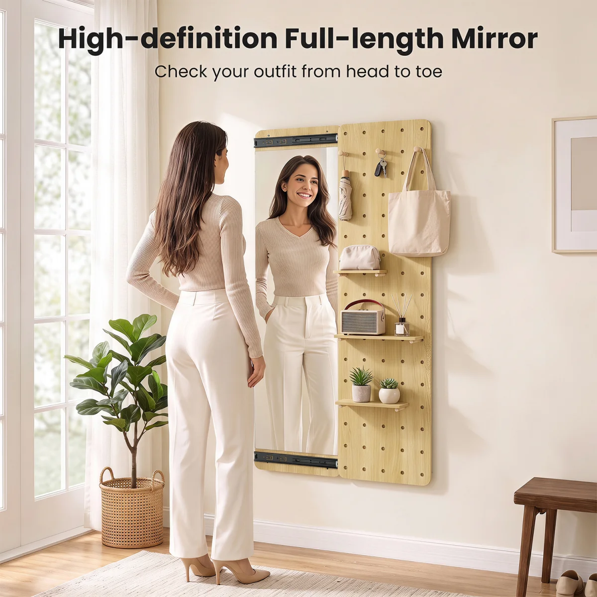 Space saving Wall Mounted Mirror Sliding Pegboard With Hooks and Shelves - Brown – image 9