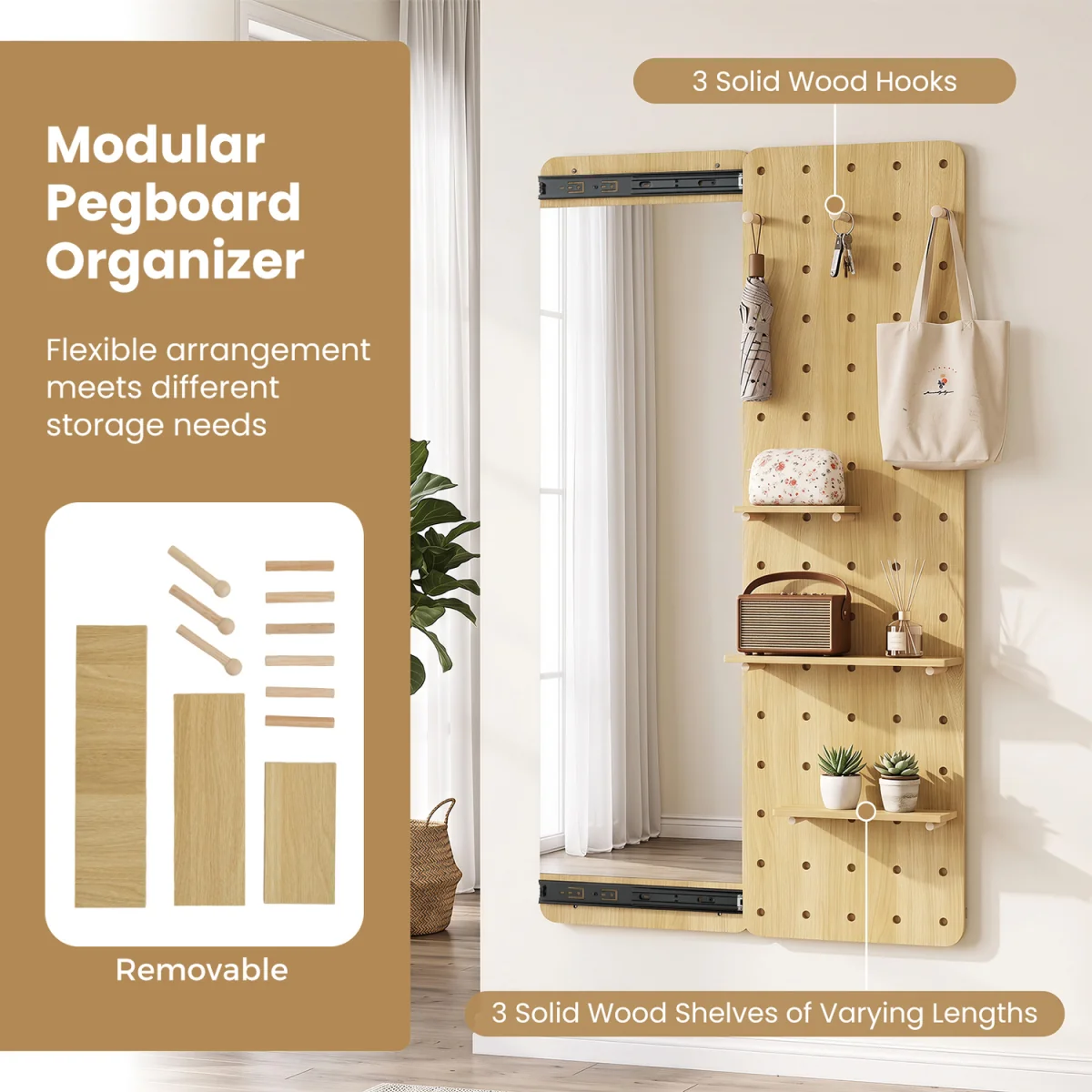 Space saving Wall Mounted Mirror Sliding Pegboard With Hooks and Shelves - Brown – image 10