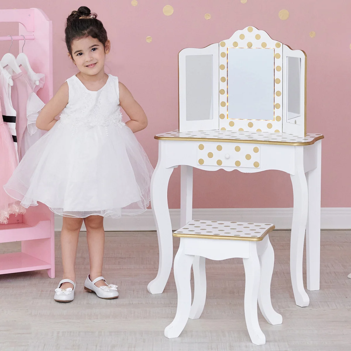 Kids Polka Dot Prints Gisele Play Vanity Set with LED Mirror Light - White – image 2
