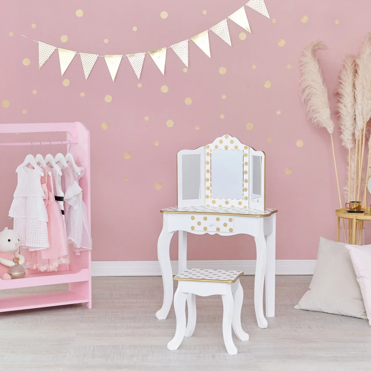 Kids Polka Dot Prints Gisele Play Vanity Set with LED Mirror Light - White – image 4