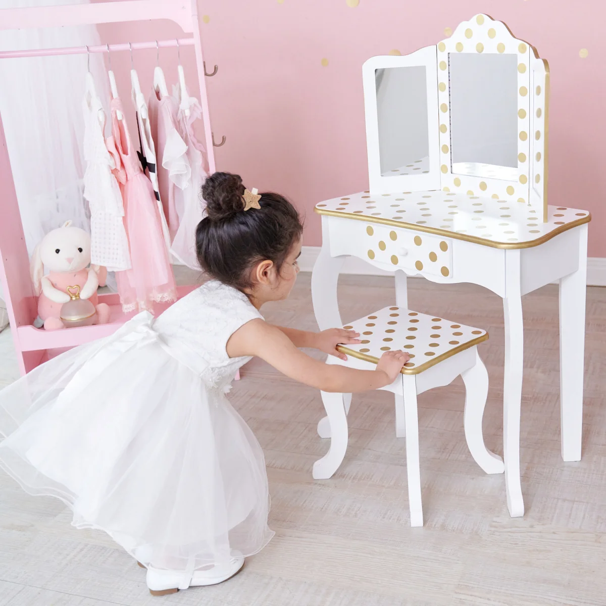 Kids Polka Dot Prints Gisele Play Vanity Set with LED Mirror Light - White – image 5