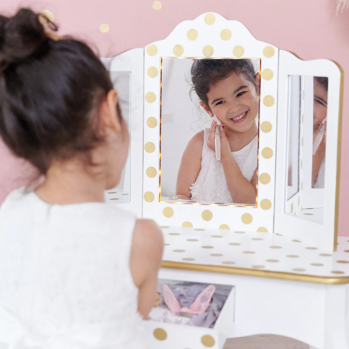 Kids Polka Dot Prints Gisele Play Vanity Set with LED Mirror Light - White – image 6