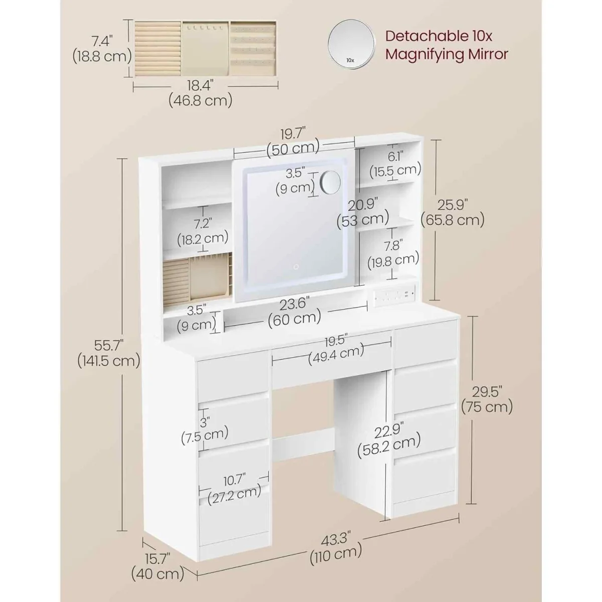 Makeup Vanity LED Mirror 9 Drawers Power Outlet, White - Cloud White – image 3