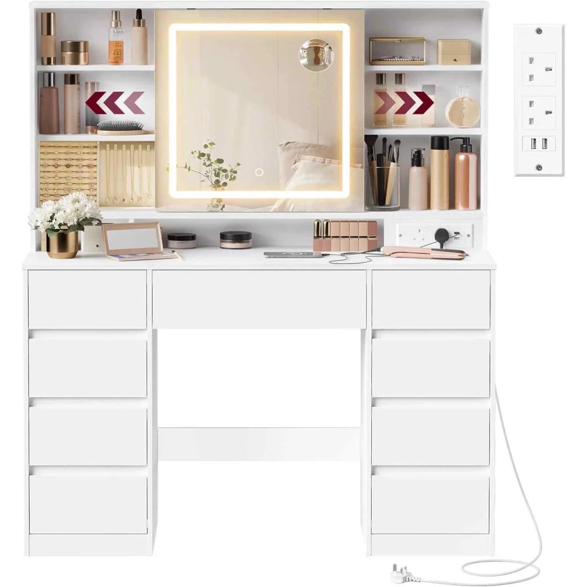 Makeup Vanity LED Mirror 9 Drawers Power Outlet, White - Cloud White – image 4