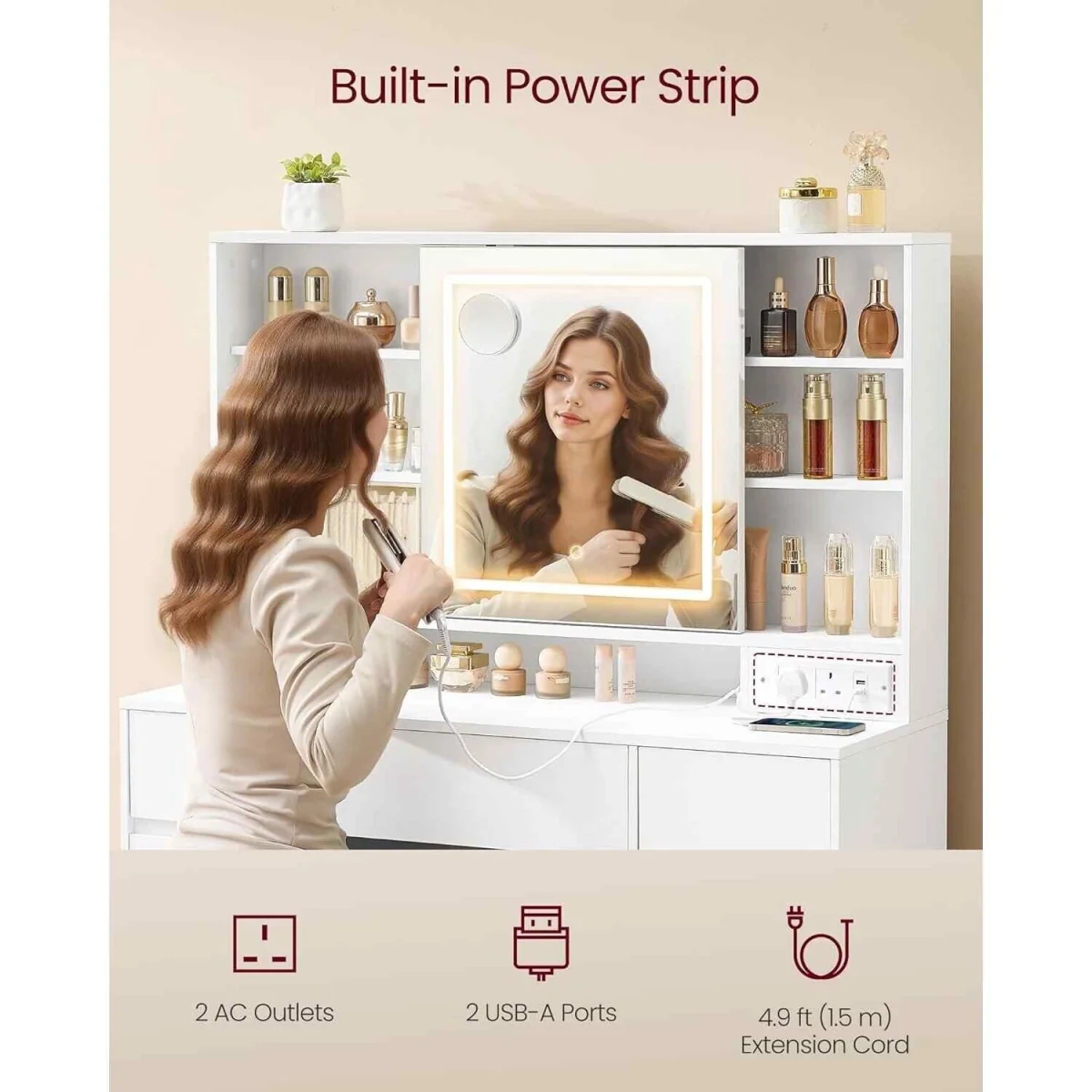 Makeup Vanity LED Mirror 9 Drawers Power Outlet, White - Cloud White – image 6