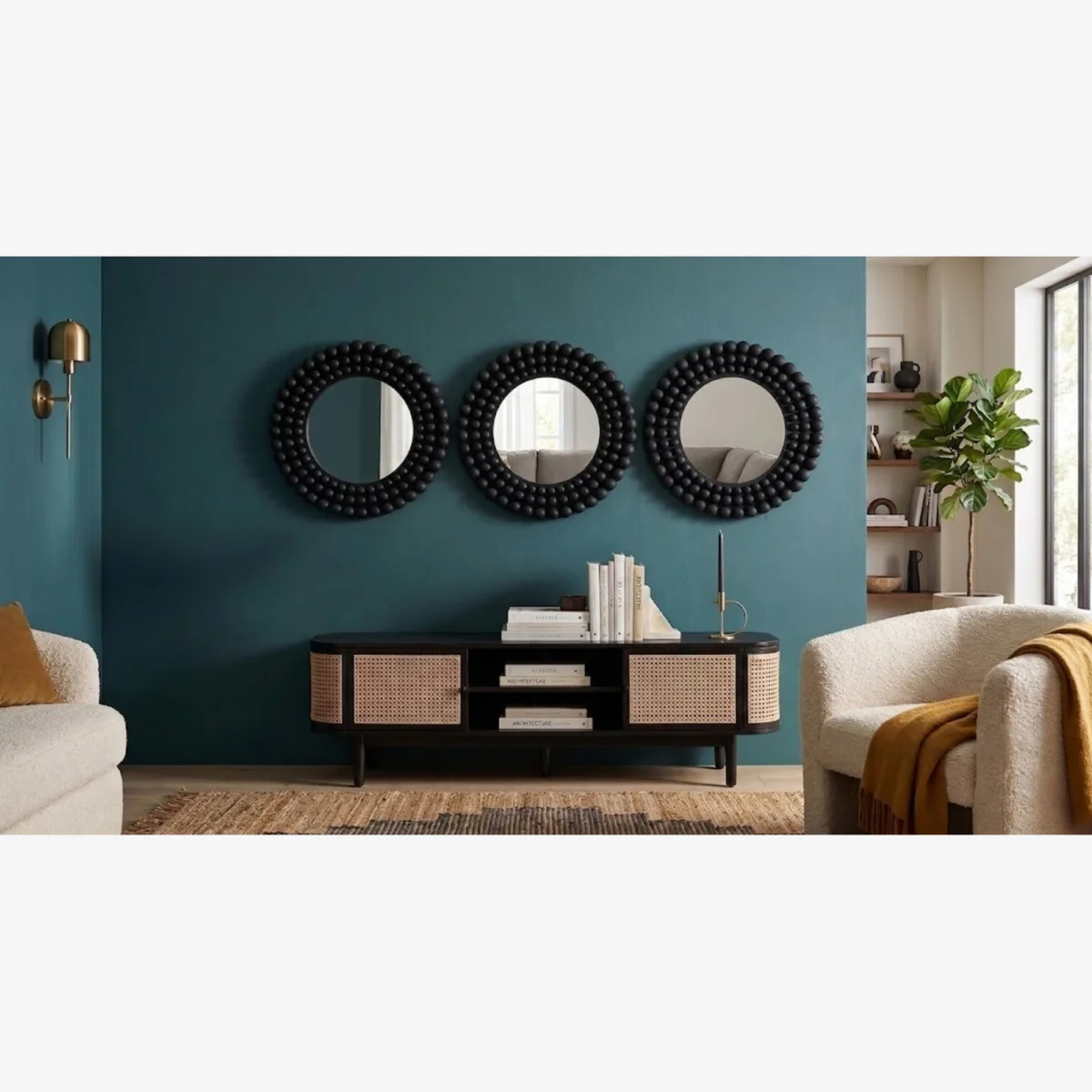3x Round Black Beaded Wall Mirror Plastic Frame 25Cm - Blacky