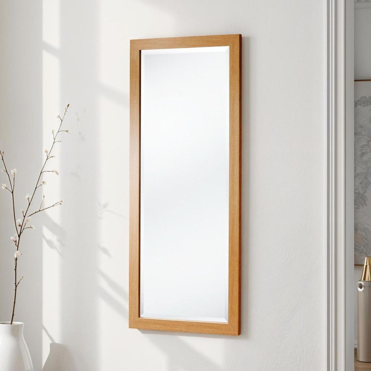 Tall Slim Framed Full Length Bevelled Mirror - Oak / 131x55cm
