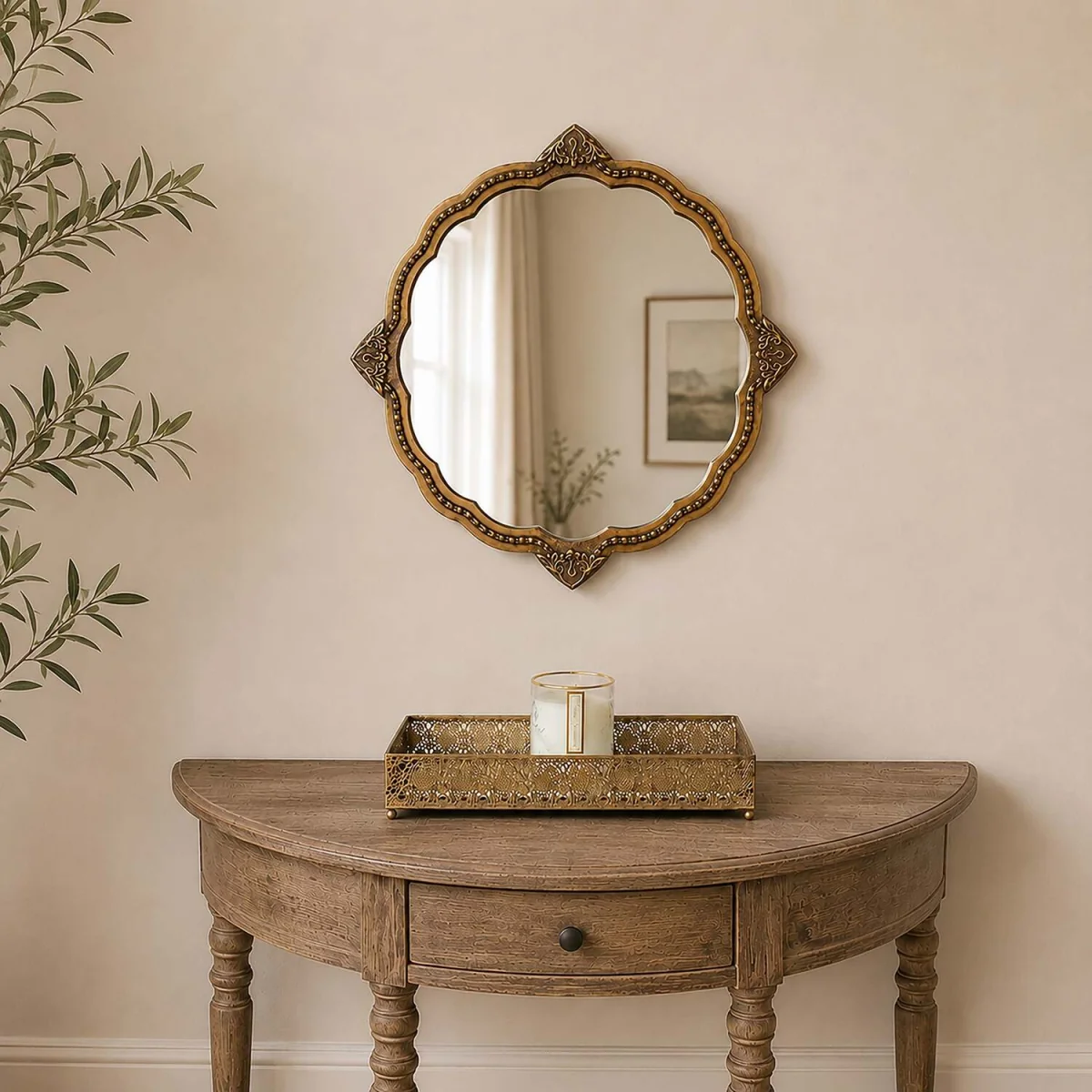 Ornate Antique Gold Round Scalloped Vintage Wall Mirror - 50cm X 50cm – image 1