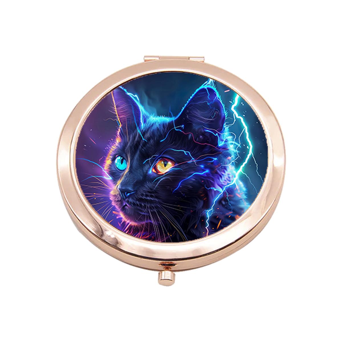 Neon Cat Rose Gold Compact Mirror - Rose Gold