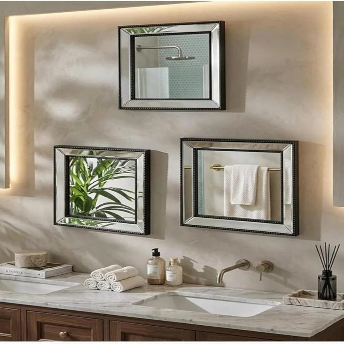 Set Of 3 Square Beaded Mirror - Black