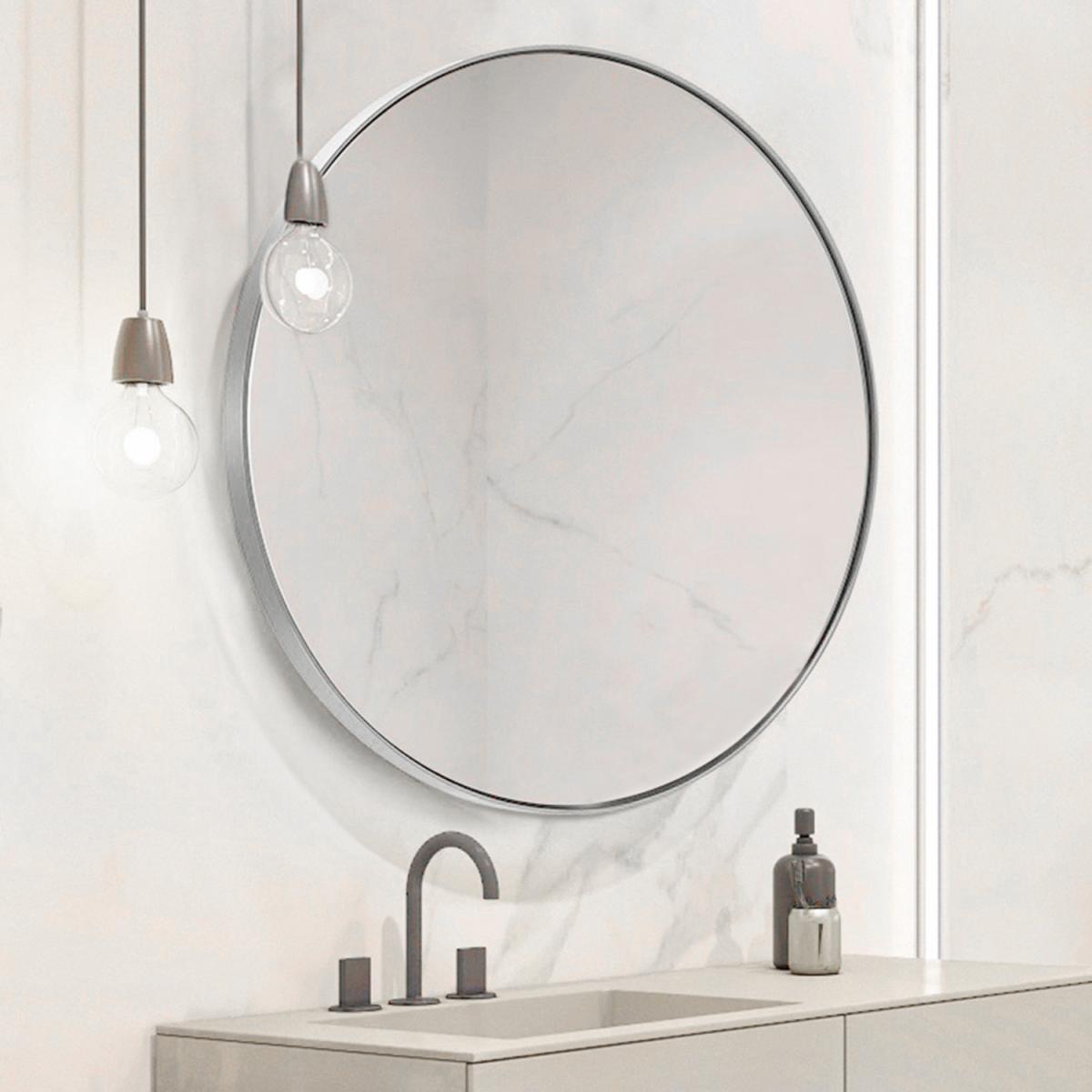 Bathroom Round Metal Framed Wall Mirror - Silver / 40cm