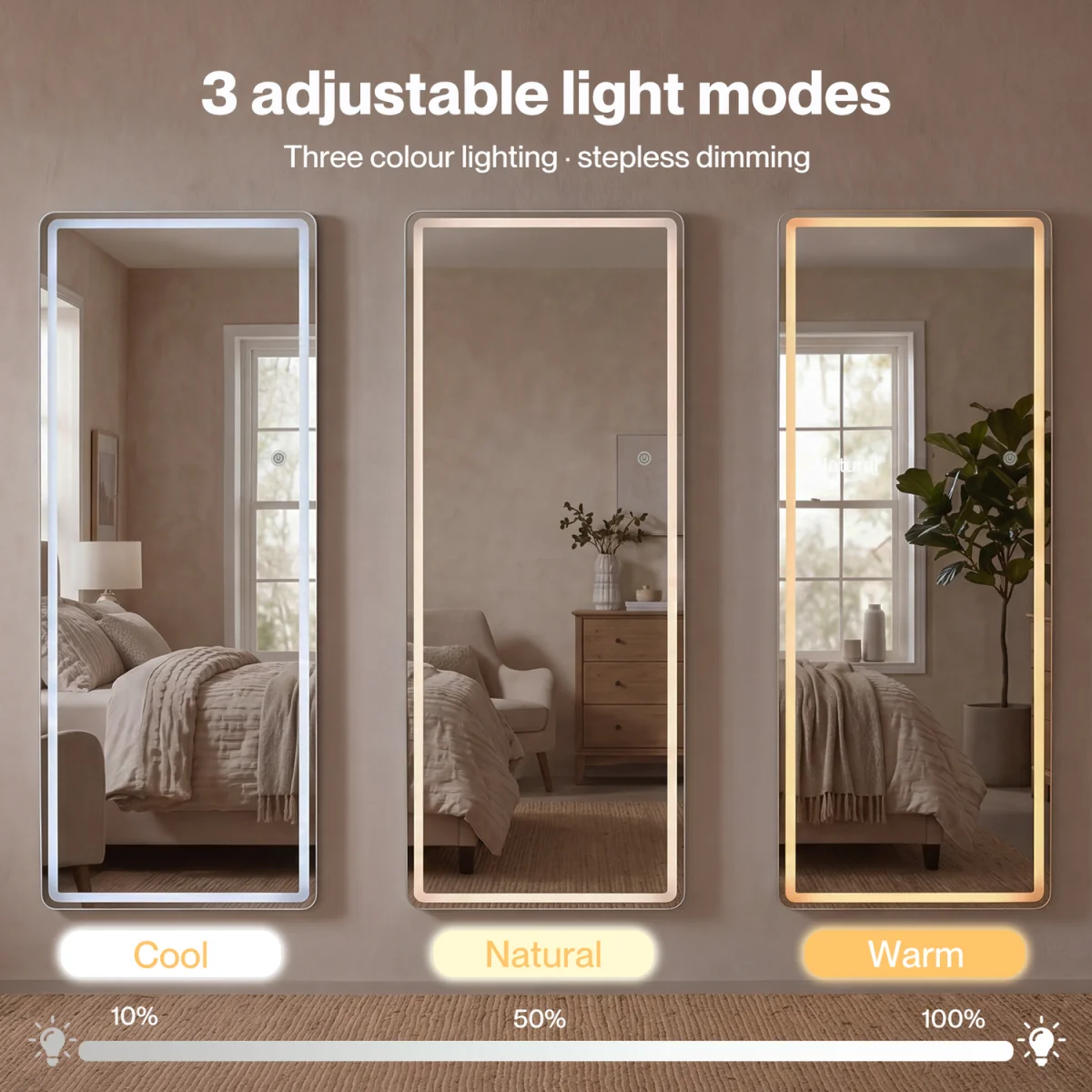 Full Length Mirror 3 Color LED Touch Dressing Mirror 165x60cm Dimmable - White – image 5