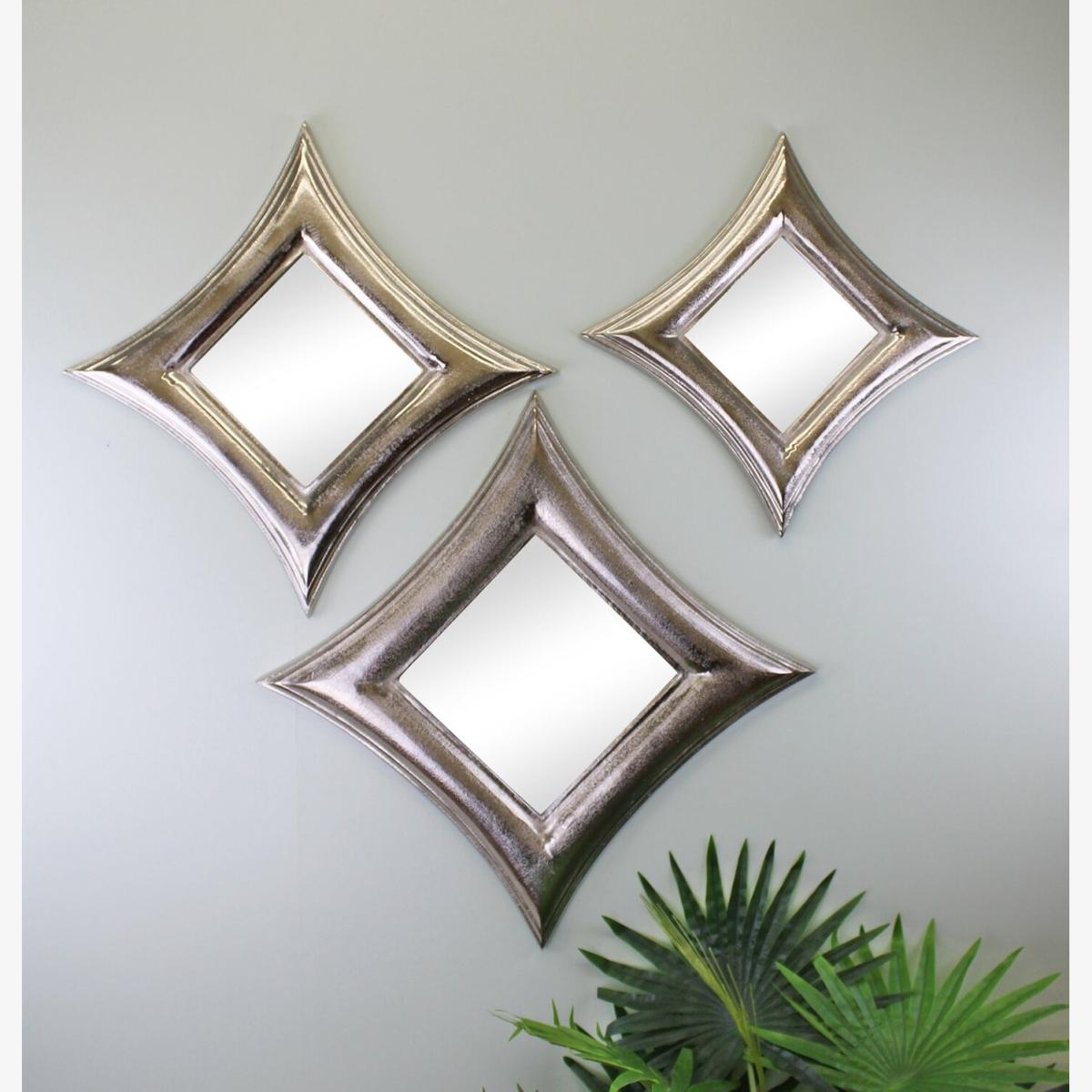 Set Of 3 Silver Metal, Square Mirrors - Gold