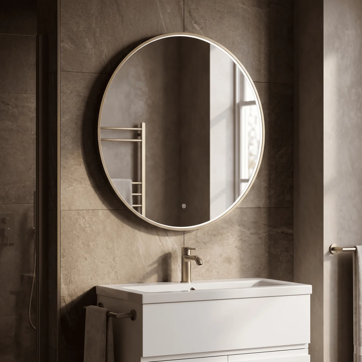 Round Inset Framed LED Touch Sensor Mirror - 800mm - Brushed Brass - Brushed Brass – image 3