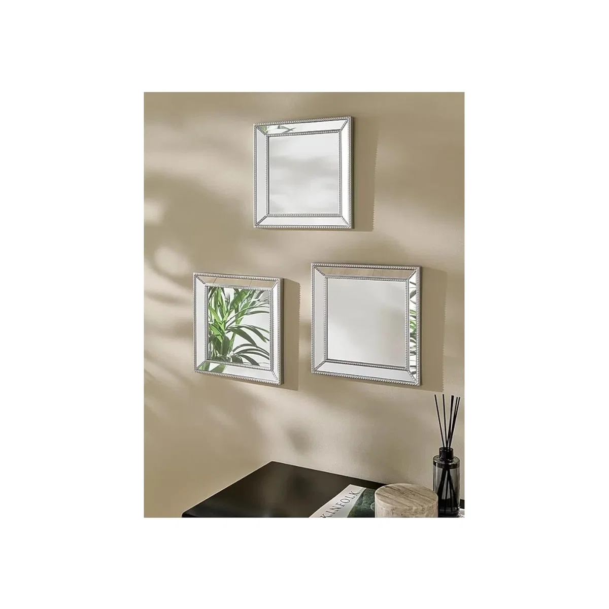 Set Of 3 Square Beaded Mirror - Silver