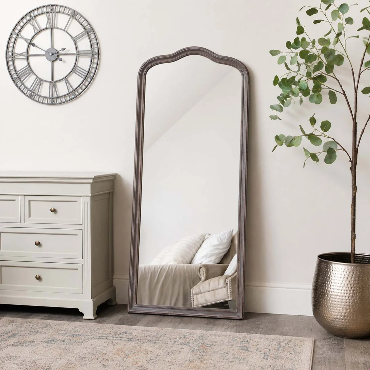 Large Arched Wooden Framed Leaner Mirror - Washed Wood – image 1