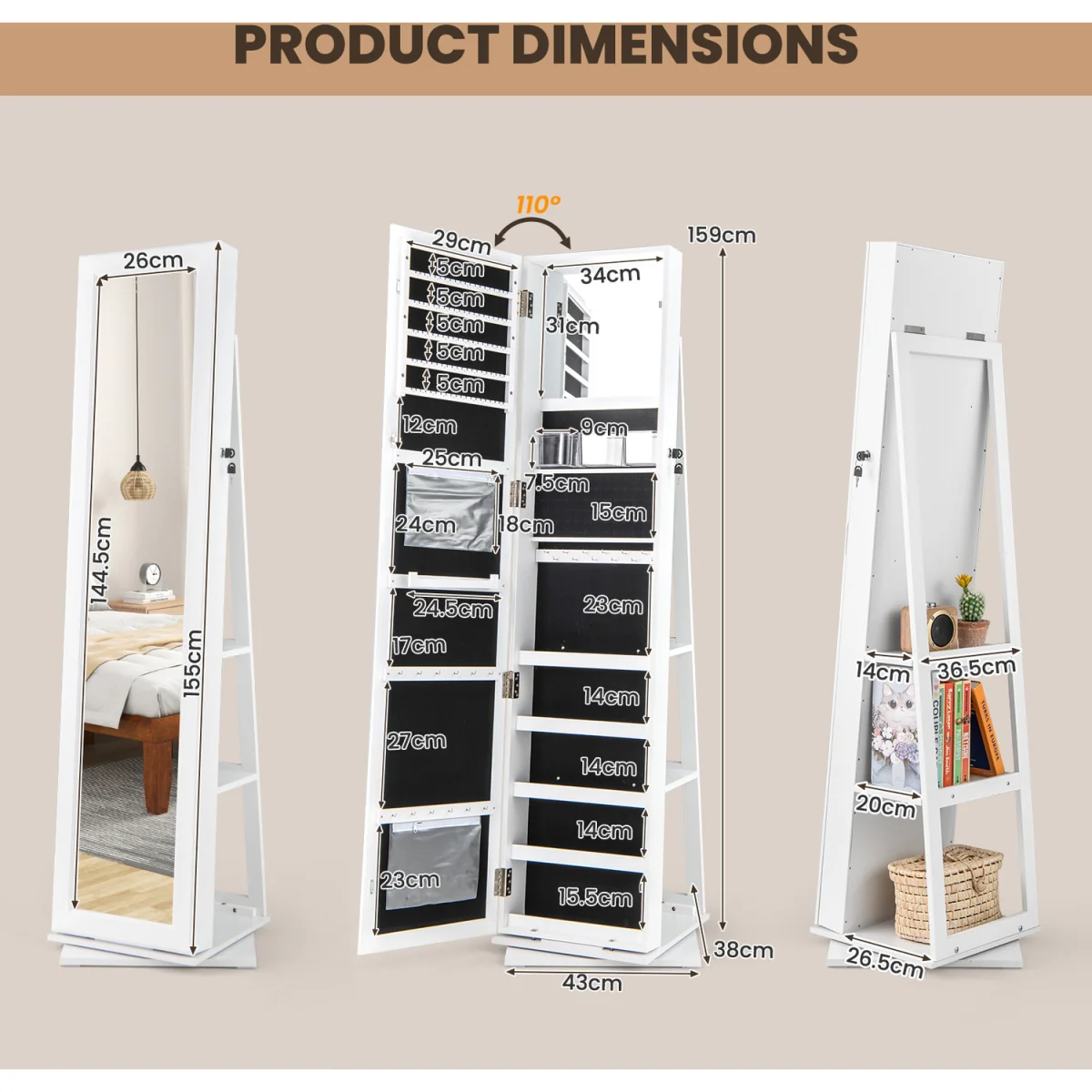 Standing Jewelry Organizer with Full Length Mirror - White – image 6