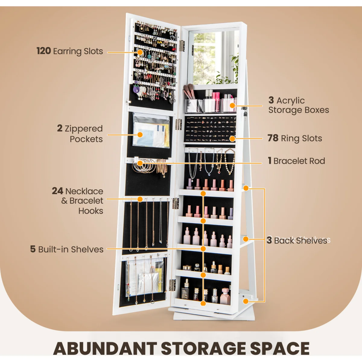Standing Jewelry Organizer with Full Length Mirror - White – image 7