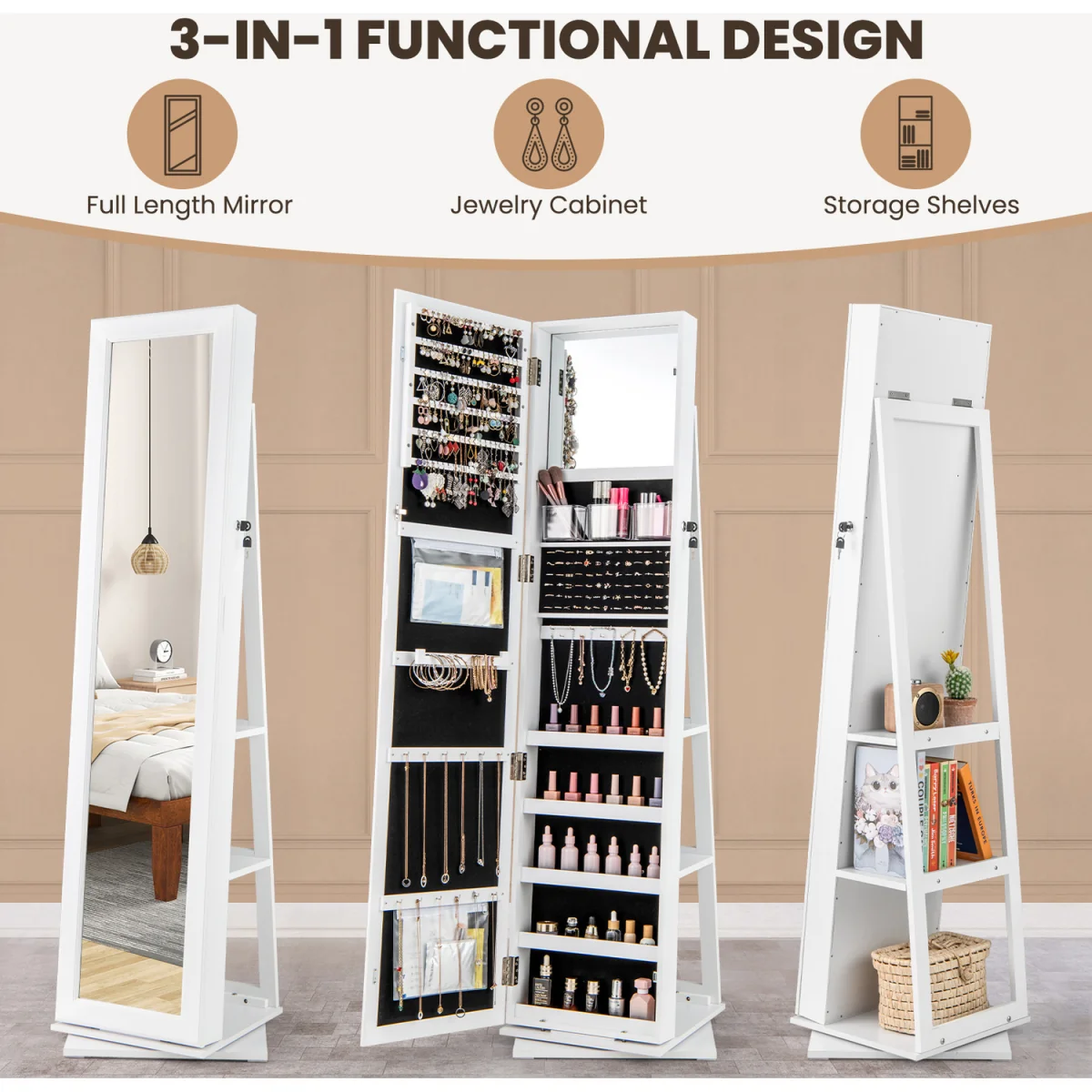 Standing Jewelry Organizer with Full Length Mirror - White – image 8