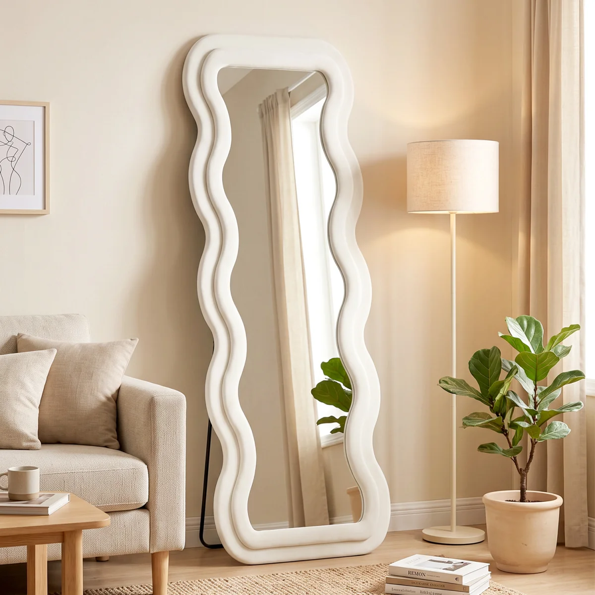 HOMCOM Full Length Mirror 160 x 60 cm Velvet Wall Standing Mirror - Cream – image 2