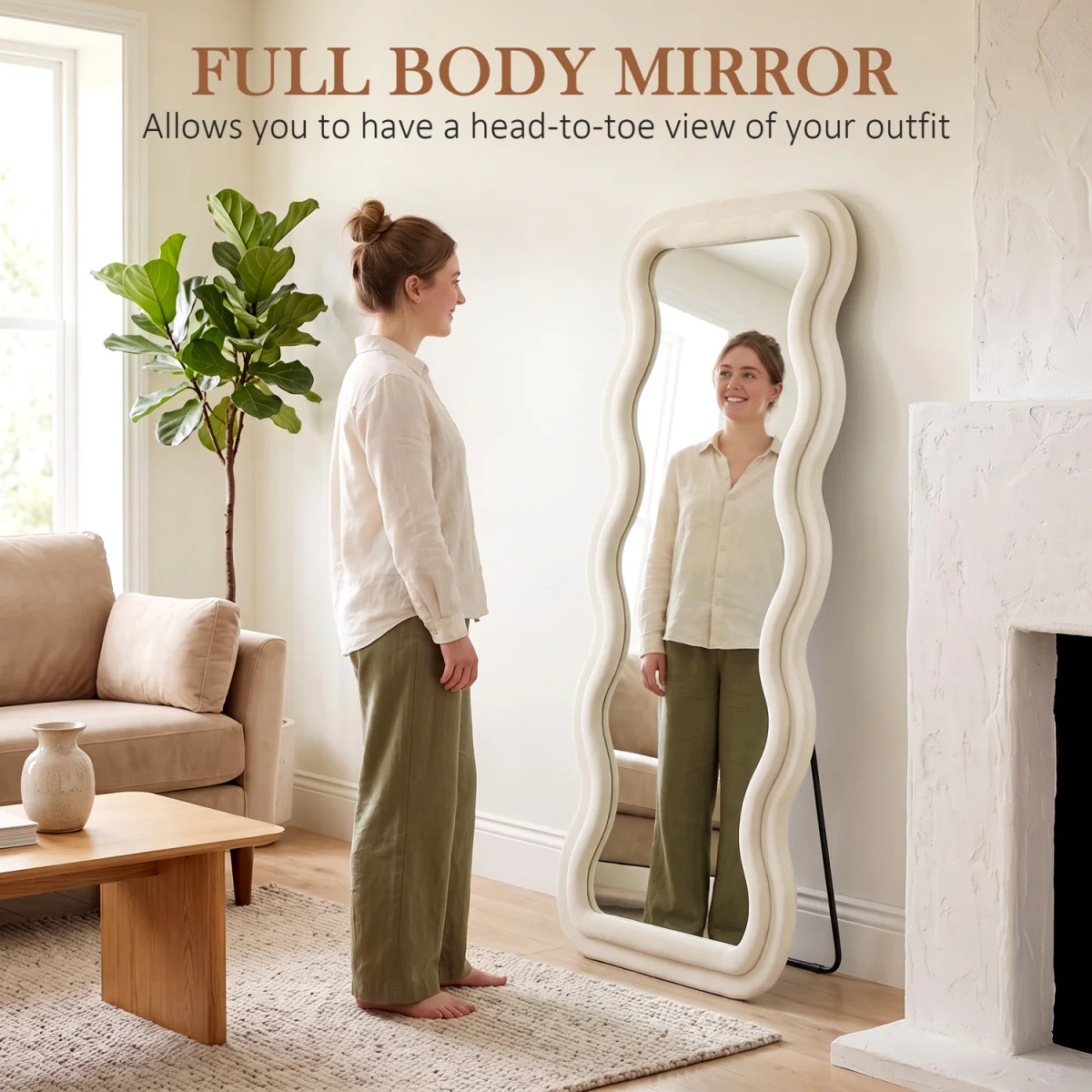 HOMCOM Full Length Mirror 160 x 60 cm Velvet Wall Standing Mirror - Cream – image 6