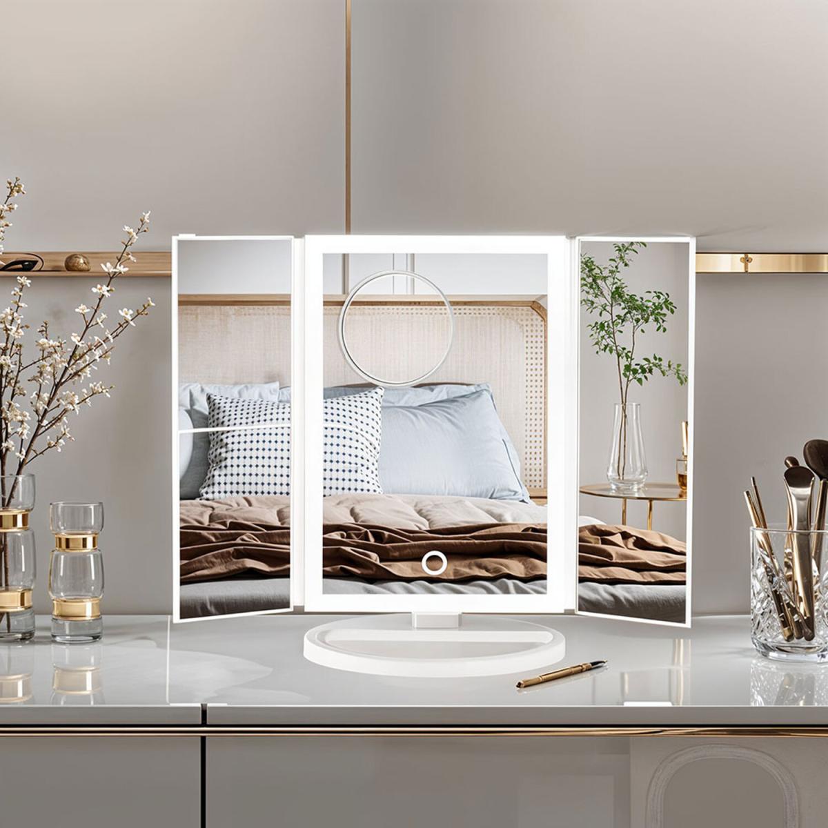 TriFold LED Makeup Mirror - White / 3 Magnifying Mirrors