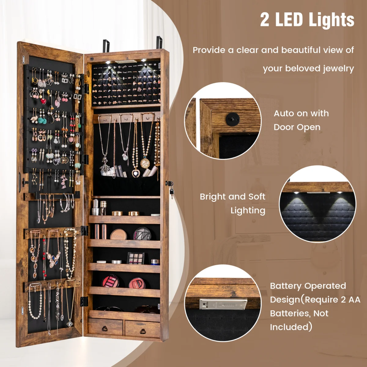 Mirror Jewelry Armoire Over Door Jewelry Organizer  - Brown – image 6