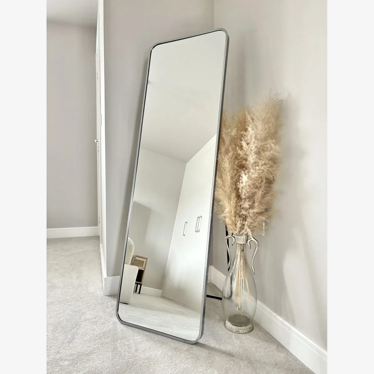 Silver Tall Metal Frame Mirror Wall & Floor Standing - 145 x 45cm - Silver