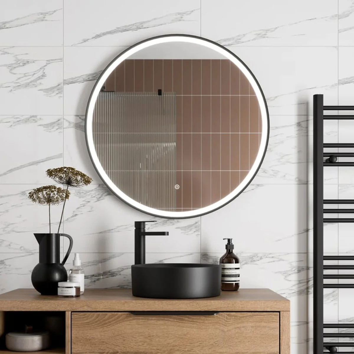 Round LED Mirror with Demister 800mm Matt Black - Matt Black – image 2